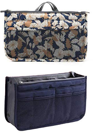 NOVAGO Organiseur Pochette Sac de Rangement intérieur pour Sac à Main ou Sac de Voyage (Divers Coloris Disponibles (Indigo+Fleur 1)