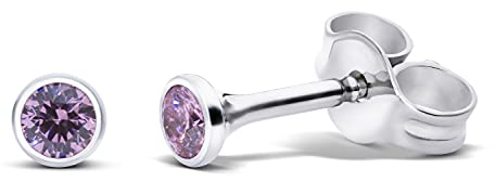 TIABELLE – Ohrstecker TRUMPET aus Titan mit funkelnden Swarovski® Zirconias – Silberfarbene Ohrringe für Damen – allergenfrei & hautverträglich – Handmade in Germany (MINI | 3,0mm ø | Pink)