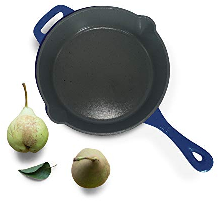 Cast Iron Frying Pan Non-Stick Enamelled Skillet Pan - Oven Safe for Indoor & Outdoor Use for Grill - 26cm Blue 1.7L
