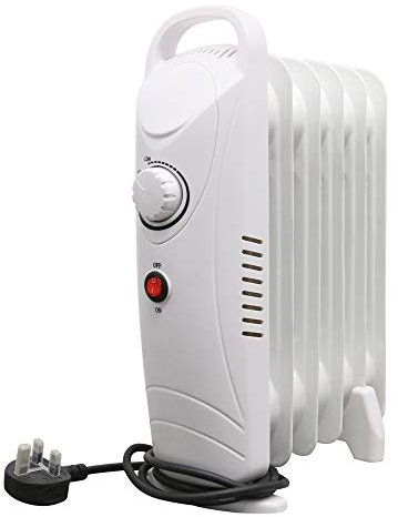 NRG 6 Fin Mini Oil Filled Radiator 800W Portable Electric Heater Adjustable Thermostat White