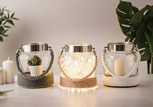 LIVIVO 2 x Stunning Vintage Glass Hurricane Candle Lantern Light Jar With Weaving Jute Rope – Perfect Indoor Outdoor Garden Decoration Living Room Home Office (Grey)