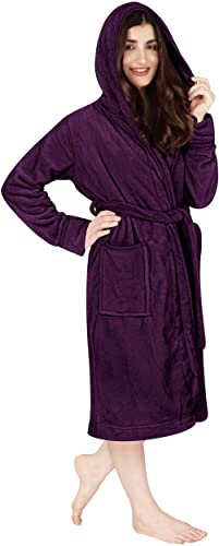 NY Threads Luxury Ladies Hooded Dressing Gown Super Soft Fleece Women's Robe Comfortable Loungewear and Nightwear, Plum, X-Large