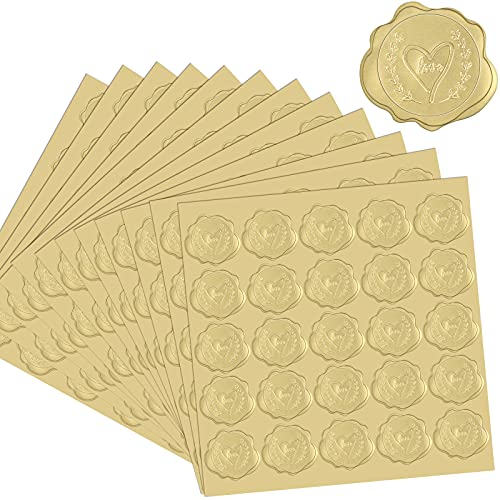 Nezyo 500 Stücke Gold Geprägte Wachs Siegel Aufkleber, Hochzeit Umschlag Siegel Aufkleber Selbstklebende Hochzeit Einladung Herz Aufkleber für Grußkarten, Weihnachte Geschenke, Zertifikate