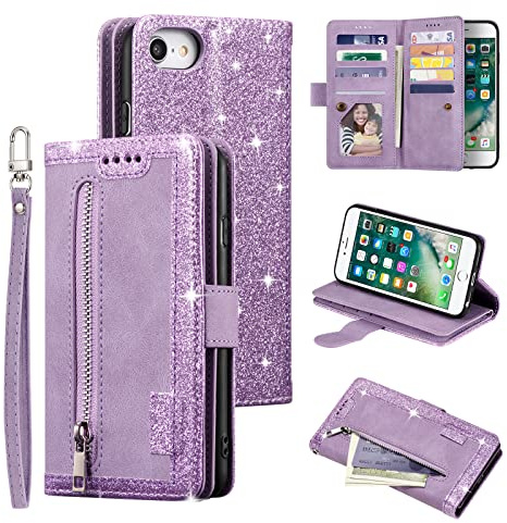 UEEBAI Custodia per iPhone SE 2022 5G/iPhone 7/iPhone 8/iPhone SE 2020, Portafoglio in Pelle PU Retro Antiurto Flip Cover Antiurto con Slot per Schede Funzione Stand Chiusura Magnetica - Glitter Viola