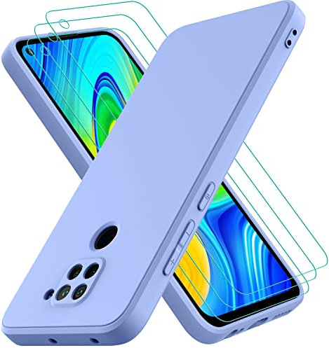 Coque pour Xiaomi Redmi Note 9, avec 3 Verre trempé Protection écran, Housse Silicone TPU, Fin et Léger, Étui de Protection Contre Les Chocs et Les Chutes, Violet Lavende