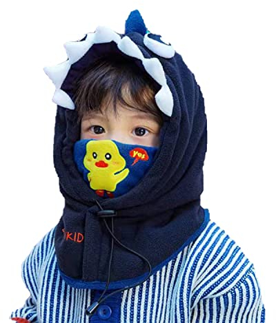 7-Mi Kinder Winter Mütze, Vollgesichtsmaske Nackenwärmer Winddichte SkimützenJungen Mädchen Kapuzenschal 3 in 1 Hut mit Warmen Schal Skifahren Sport Schlupfmütze Cap 4-12Jahren Dinosaurier
