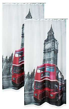 Haus und Deko Voile Vorhang 2er Set 140 x 245 cm Kräuselband Digitaldruck London City halbtransparent lichtdurchlässig Gardine Dekoschal Wohnzimmer Schlafzimmer Fensterschal