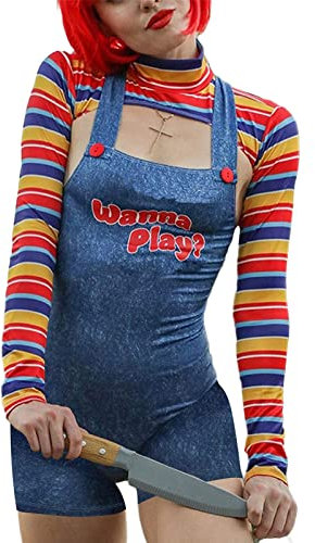 Damen 2 Stück Halloween-Kostüme Gruselige Nightmare Killer Puppe Wanna Play Film Charakter Kleid Chucky Doll Kostüm Set, Jumpsuit, 36