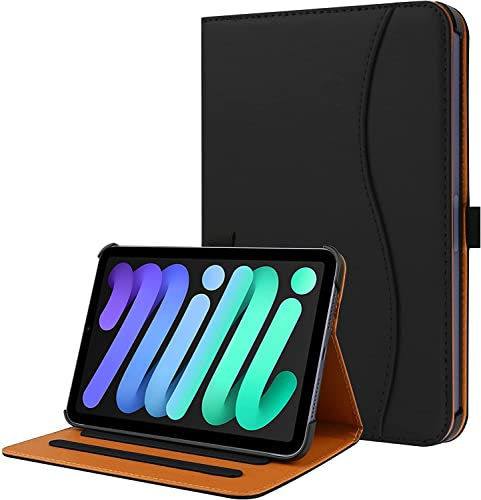 MOBISTAR® Case for iPad mini (A17 Pro, 2024 Model, 7th Generation) / mini 6 (2021 Model, 6th Generation), Leather Smart Tan Cover with Auto Wake/Sleep, Document Card Slot, Black