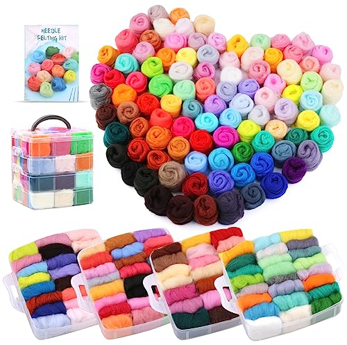 Wamkon Nadel-Filz-Set 96 Farben Wolle Roving Garn Nadel-Filz-Wolle Starter-Set mit 4-lagiger transparenter Aufbewahrungsbox für Diy Handspinnen und Diy Kreationen