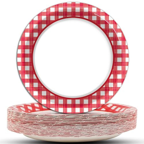 Weihnachtliche rote und weiße karierte karierte Teller für Picknick, Grillen, Geburtstag, Familien-Dessert-Dekorationen – Einweg-Pappteller für Partygeschenke, 48 Stück