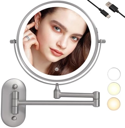TUSHENGTU Miroir de maquillage mural de 20,3 cm, réglage rotatif grossissant 1x et 10x, réglage de luminosité intelligent, 3 couleurs de lumière (nickel sable-10X)