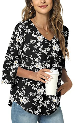 TAOHUADAO Womens Casual V-Neck Work Tunic Top for Leggings 3/4 Sleeve Chiffon Blouse Shirt Large, Small Flower-Black