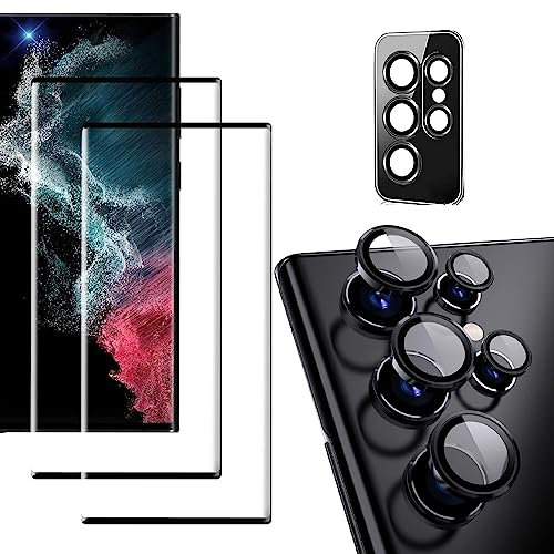 Caméra Arrière Protecteur pour Samsung Galaxy S22 Ultra, Anneau de Lentille en Métal Film Protection Caméra Écran Protecteur et Vitre 3D Couverture 9H HD Ultra Résistant Verre Trempé,(1 + 2 Pièces)