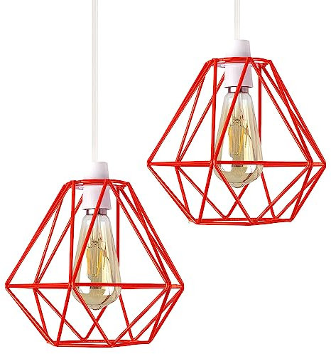 DC VOLTAGE Rautenförmige Anhänger-Deckenleuchte, Lampenschirm, Käfig, elegant, dekorativ, für Restaurant, Bar, Geschäfte, Kleidung, Hängelampe, E27 (Rot 2er-Pack)