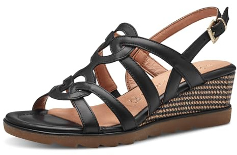 MARCO TOZZI Damen Sandalen mit Keilabsatz mit Verstellbarem Riemen aus Leder, Schwarz (Schwarz), 37 EU