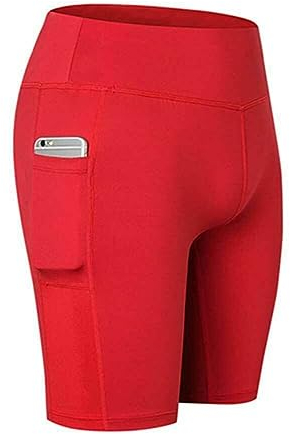 Boolavard Shorts für Damen mit Taschen – hohe Taille, Bauchkontrolle, Workout, Yoga, Laufen, Fitnessstudio, Kurze Hose (L, Rot)