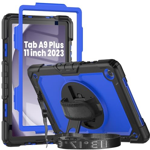 Herize Galaxy Tab A9+ Hülle SM-X210/X215/X216 mit Displayschutzfolie | Strapazierfähige, stoßfeste Abdeckung mit Stifthalter, 360 Grad drehbarer Ständer, Handschlaufe, Schultergurt für Samsung Tab A9