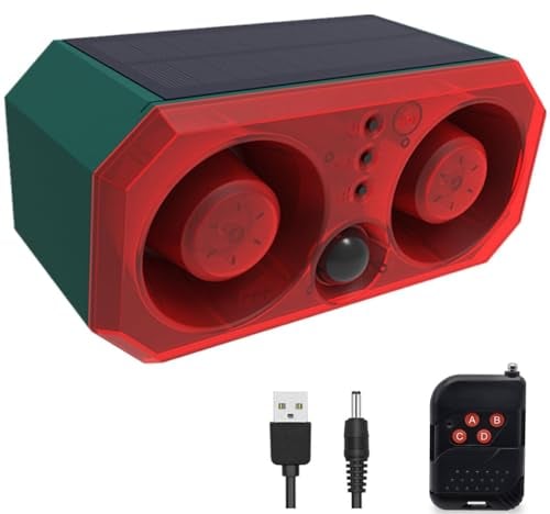 Solar Bewegungsmelder Alarm mit 13Sounds,KINGCOO 130db Dual Lautsprecher Schussgeräuschen Hundegebell Sound Aufnahme Warnung Sicherheits Strobe Licht für Außen Farm Yard Orchard Scheune (1PCS)