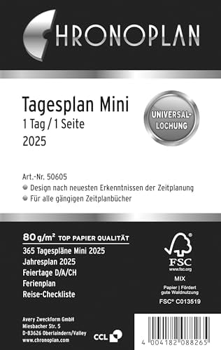 Chronoplan 50605 Kalendereinlage 2025 (Tagesplan Mini (79x125mm), Ersatzkalendarium für Terminplaner, Tagesplaner, ideal für detaillierte Tagesplanung, 1 Tag auf 1 Seite, mit Universallochung) weiß