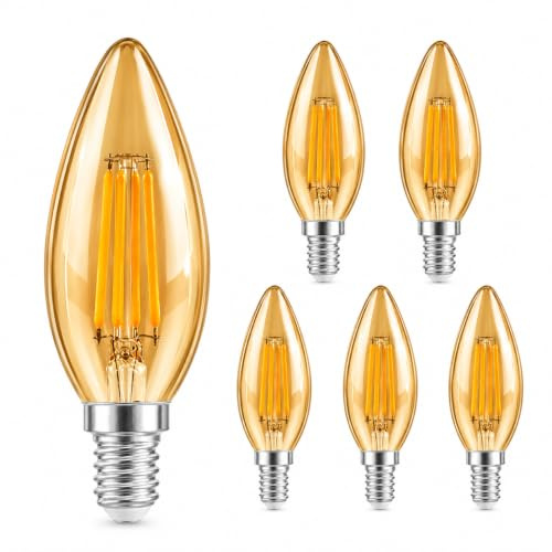 karedle oard E14 LED Glühbirne, C35 Kerze Lampe LED Filament Edison Lampe 4W (Äquivalent zu 40W), Amber Glas, 2200K warmweiß, AC 220V,Kein Hub Erforderlich,Gold,6 Stück