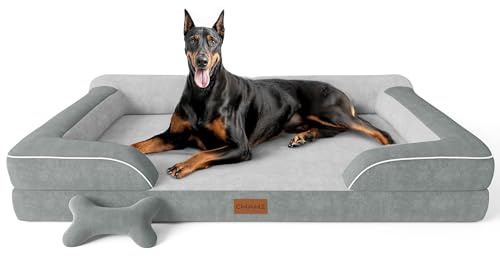 CWAWZ Orthopädisches Hundebett für große Hunde,135x107cm XXLHundebett mit Knochenspielzeug, Kühlender Memory Foam Waschbar Hundesofa, Wasserdicht rutschfest Großes Hundesofa,Hell Grau