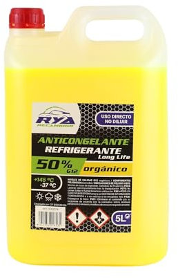 RYA - Anticongelante Coche G12 - Liquido Refrigerante Coche - Anticongelante G12 50% Orgánico +145º/ -37º - Líquido Refrigerante para Vehículos Fórmula Orgánica Long Life (Amarillo 50%) - 5L