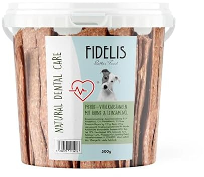 Fidelis - Vitalkaustange Pferd mit Birne und Leinsamenöl – Zahnpflege Snacks für Hunde 500g-Eimer – Luftgetrocknet aus 100% natürlichen Rohstoffen - Hunde Leckerli als Snack zur Zahnhygiene