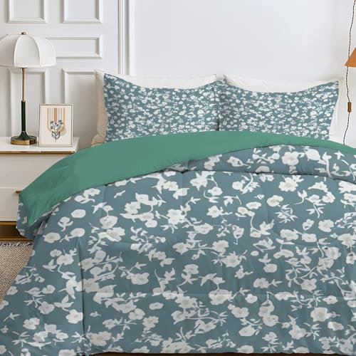 Bettdecke 135x200 4 Jahreszeiten, Wende Weiße Blumen Steppdecke Waschbare, Bettdecke ohne Bezug Nutzbar, Leicht Weiche Schlafdecke 200GSM, Ganzjahresdecke Hellgrün mit 1 Kissenbezug (ohne Kissen)