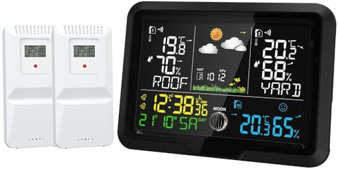 Wetterstation Funk mit Außensensor,Wetterstation,Farbdisplay,Wettervorhersage,Innen und Außentemperatur,Wecker mit Schlummerfunktion,Luftdruck, Luftfeuchtigkeit,Temperaturtrend,Mondphase (Schwarz)