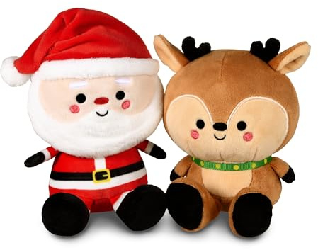 Hallmark Better Together Santa and Reindeer Plush Pair, Set of 2 | Embedded Magnets, Super-soft Plush, Wipe Clean, Ideal Gift, Red/brown, 16x13x10cm, 14x11x9cm