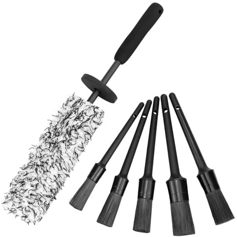 QWORK® Auto Mikrofaser Felgenbürste extra dünn mit 5 Detailing Pinsel, für alle Felgentypen