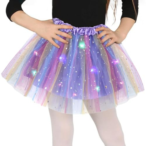Tüllrock Mädchen LED, Sterne Pailletten Tanzkleid, 30cm Dehnbaren Minirock Mit LED Lichter, kleine Mädchen Tütü Rock Ballettrock für Fasching Halloween Karneval, 3-8 Jahre Kinder Ballett Dress