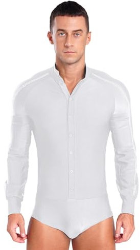MSemis Herren Tanzbody Langarm Hemd Einfarbig Latein Body Einteiliger Ballettanzug Gymnastik Leotard Tanzkleidung Weiß S