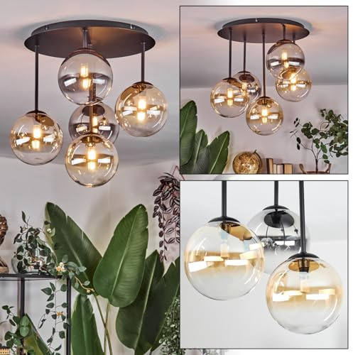 HOFSTEIN Deckenleuchte Chehalis, 5-flammige Deckenlampe aus Metall/Glas in Schwarz/Rauch/Bernstein/Klar, Leuchte im Retro-Design (Schirme Ø 15 cm), G9, Esszimmer, Wohnzimmer, Schlafzimmer, Küche