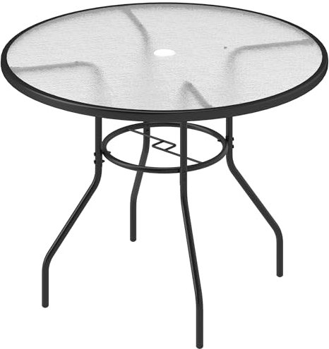 Outsunny 100 cm Round Dining Table with Parasol Hole, Outdoor Coffee End Side Table with Tempered Glass Top, Steel Frame for Garden, Patio, Black