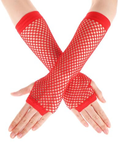 Guantes Rejilla Malla Rojo Guantes Largos Sin Dedos Manga de Red de los Años 80 Fiesta Temática de Disfraces Guantes de Red Encaje Suministros de Accesorios de Cosplay de Halloween