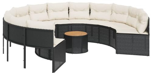 Rundes schwarzes Polyrattan Gartensofa-Set mit Kissen und Tisch, Terrassenmöbel, Outdoor-Sitzgelegenheit, stilvolle Korb-Couch für Garten, Balkon und Hinterhof