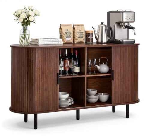 VEVOR Buffet Style Milieu du Siècle, Meuble de Rangement Cuisine avec 2 Portes Coulissantes, Meuble pour Coin Café avec Rangement, Enfilade pour Salon, Entrée et Couloir, 140x40x75 cm, Couleur Noyer