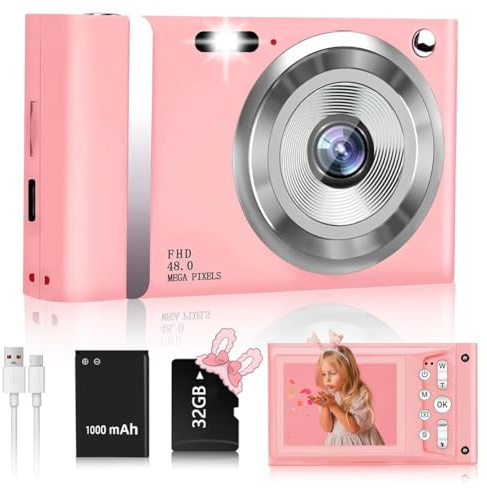Qomcsrl Appareil Photo Numérique 1080p 48 MP, Écran 2,4 Pouces, Zoom 16x, Compact et Rechargeable, Idéal pour Les Enfants et Les Débutants en Photographie (Selfie), Rose.