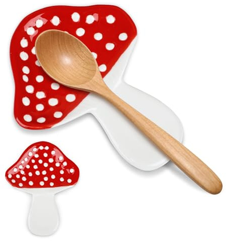 Komforbaa Ceramic Mushroom Spoon Rest for Stove Top, Cute Ceramic Spoon Holder for Kitchen Countertop, Heat Resistant Kitchen Utensil Rest, Modern Home Decorative Gift (Red)