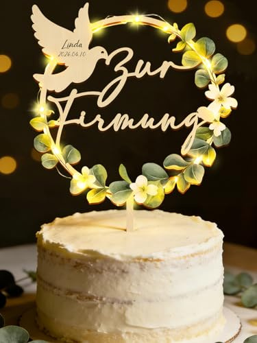 Tortendeko Firmung mit LED Lichterkette, Elegant Cake Topper Zur Firmung aus Holz Eukalyptus Deko Torte, Firmung Deko Junge Mädchen Geschenke Gastgeschenke