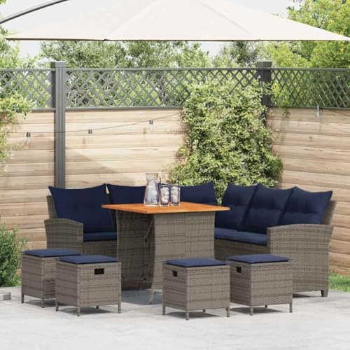 YunCangg 6-TLG. Gartenmöbel Set Sitzgruppe L-Form mit Polyrattan Geflecht, Tisch, Sofa und Hocker in Grau für Terrasse Balkon und Outdoor Nutzung, wetterfestes Material mit Holz und Metall