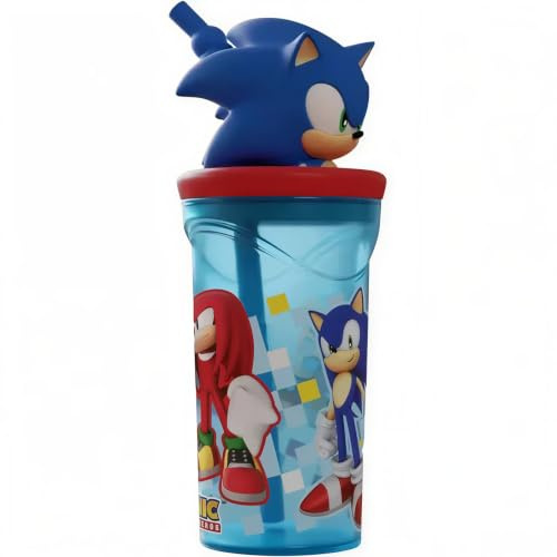 SONIC - Bicchiere Bambini con Cannuccia e Coperchio, Figura 3D, 360 ml, Plastica Riutilizzabile, Senza BPA, Ideale per Bambini e Ragazzi