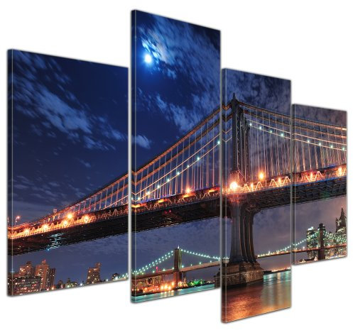 Wandbild - New York City Bridge - Bild auf Leinwand 120x80 cm 4 teilig - Leinwandbilder Bilder als Leinwanddruck Städte & Kulturen Amerika - Brooklyn Bridge bei Vollmond