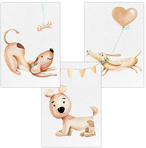 Olgs Kinderzimmer 3er Bilder Set | Deko Wandbilder | Mädchen Junge Wandposter DIN A4 | Wanddeko für Babyzimmer | Niedliche Hunde