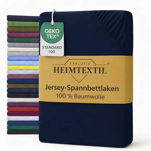 EXKLUSIV HEIMTEXTIL Marke Jersey Spannbettlaken 90-100 x 200 cm 100% Baumwolle Öko - Tex Zertifiziert, Markenqualität, Matratzenhöhe bis 25 cm, Navyblau