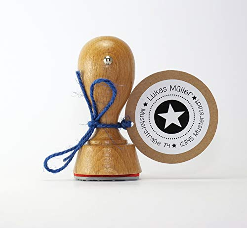 Webermann personalisierbarer 40mm Adress Holz Stempel mit Namen & Adresse - Adressstempel mit Stern individualisierbar - Stempel für Grußkarten, Hochzeit, Firmung, Taufe