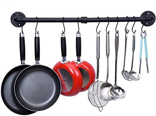 WuGeShop Topfregal Wandhalterung, Pfannenaufhänger Stange mit 10 Haken, Küchenutensilienregal Organizer, Topfhängeboden, Schwarz