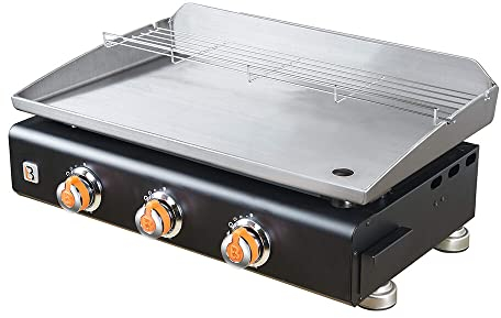 BRASERO - Plancha Silvia II G Noir 3 Feux Surface Cuisson 67 x 34 cm - 3 brûleurs - Plaque INOX - Grille de réchauffement - Piezo intégré - Tiroir Graisse - Jusqu'à 8/10 convives - 7,5 KW